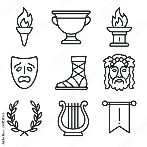 Festival Ritual Icons. Line style icons of Festival & Ritual: torch flame, wine krater, sacrifice altar, choral mask, dance sandal