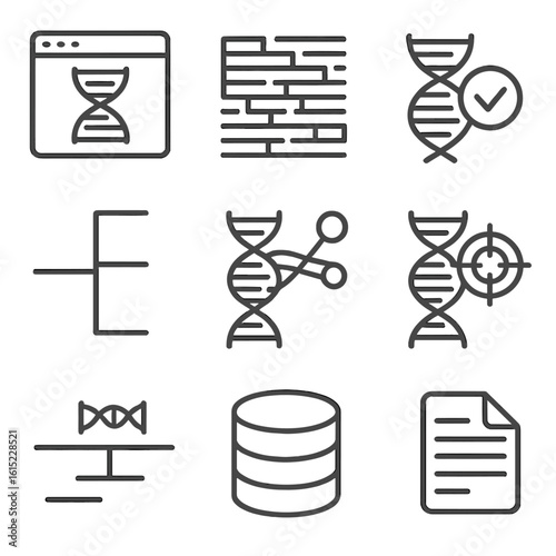 Bioinformatics Tools Icons. Line style icons of Bioinformatics Tools: genome browser window, sequence alignment map, variant call