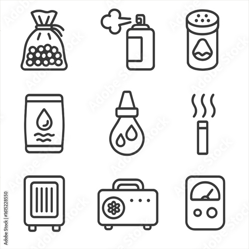 Odor Neutralizer Icons. Line style icons of Odor Neutralizing Products: activated charcoal bag, odor bomb spray, baking soda