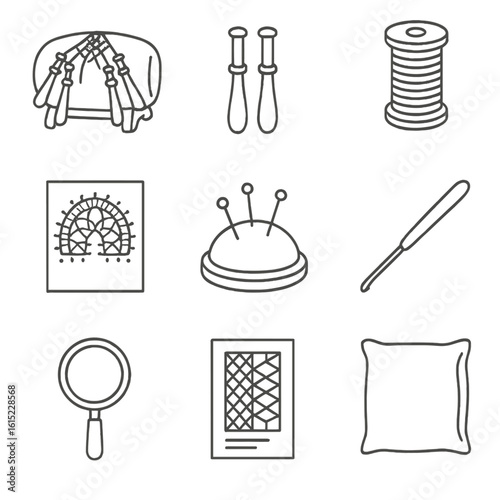 Lace-Making Tools Icons. Line style icons of Traditional Lace-Making Tools: bobbin lace pillow, wooden bobbins, fine thread spool,