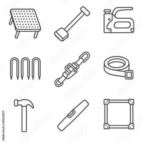Stretching Tools Icons. Line style icons of Stretching & Blocking Tools: blocking boards, stretch tools, staple gun, anchor pins,