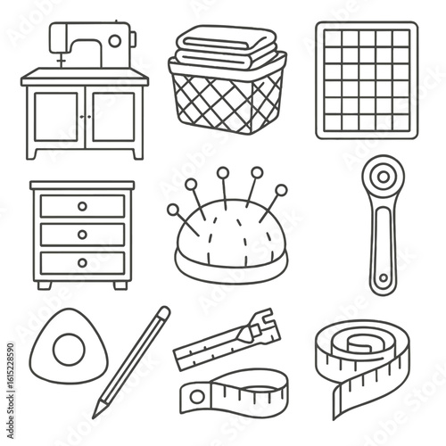 Sewing Room Essentials Icons. Line style icons of Family Sewing Room Essentials: wooden sewing cabinet, fabric storage basket,