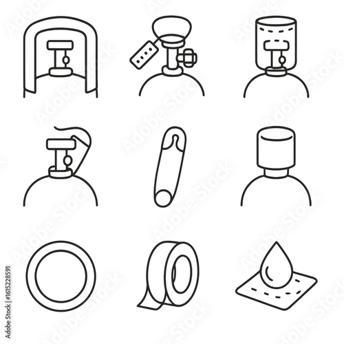 Gas Cylinder Icon Set. Line style icons of Gas Cylinder Sealing & Protection: protective cap, tamper-evident seal, shrink wrap,