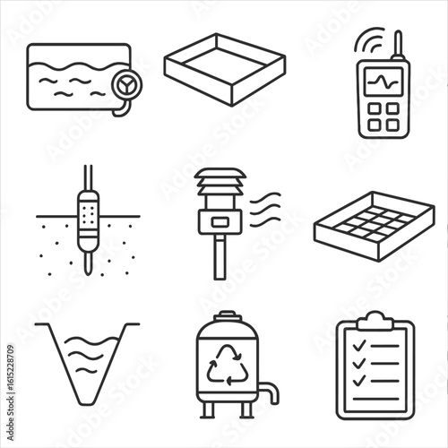 Environmental Monitoring Icons. Line style icons of Environmental Monitoring & Compliance: oil-water separator, spill berm, VOC