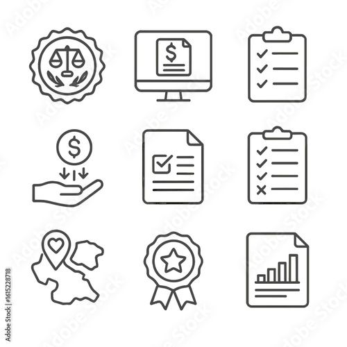 Government Grant Icons. Line style icons of Government Grant Programs: official seal, grant portal screen, application checklist,