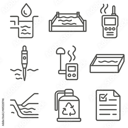 Environmental Monitoring Icons. Line style icons of Environmental Monitoring & Compliance: oil-water separator, spill berm, VOC