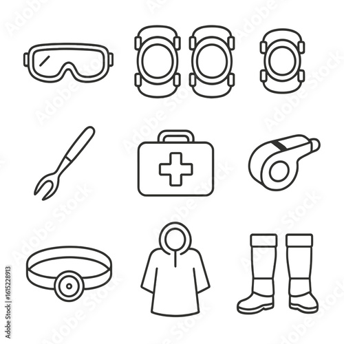 Protective Gear Icons. Line style icons of Protective Equipment: safety goggles, knee pads, elbow pads, tick removal tool,