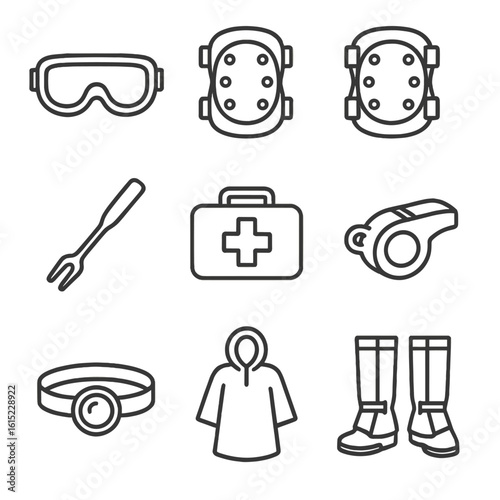 Protective Gear Icons. Line style icons of Protective Equipment: safety goggles, knee pads, elbow pads, tick removal tool,