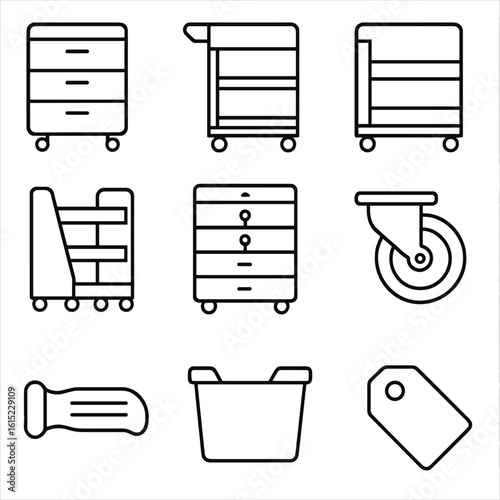 Rolling Storage Icons. Outline style icons of Rolling Storage & Carts: mobile filing cabinet, tool cart, supply trolley, bookshelf