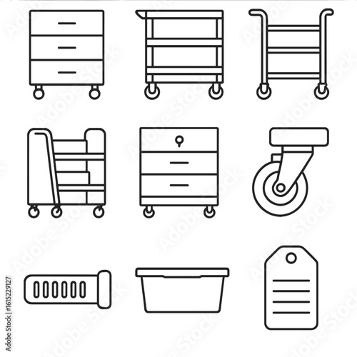 Rolling Storage Icons. Outline style icons of Rolling Storage & Carts: mobile filing cabinet, tool cart, supply trolley, bookshelf
