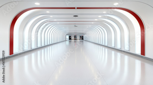 Modern hallway with white walls and red accents, featuring smooth flooring and bright lighting