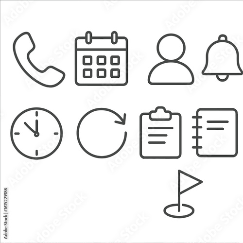 On-Call Icons. Outline style icons of on-call rotation plan: phone handset, calendar grid, user icon, alert bell, clock dial,