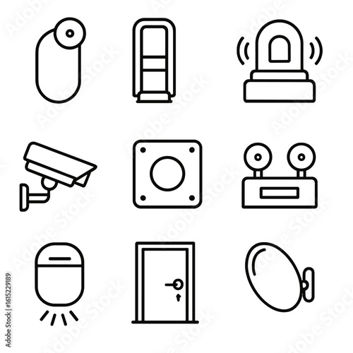 Fitting Room Security Icons. Outline style icons of Fitting Room Security: security tag, EAS sensor pad, alarm sensor, CCTV camera