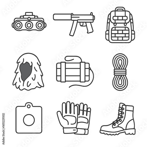 Special Forces Gear Icons. Outline style icons of Special Forces Gear: night vision goggles, silenced SMG, tactical backpack,