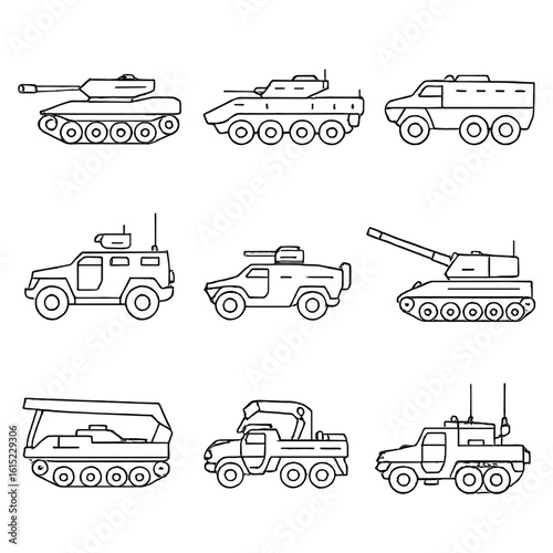 Armored Vehicles Icons. Outline style icons of Armored Vehicles: main battle tank, infantry fighting vehicle, armored personnel