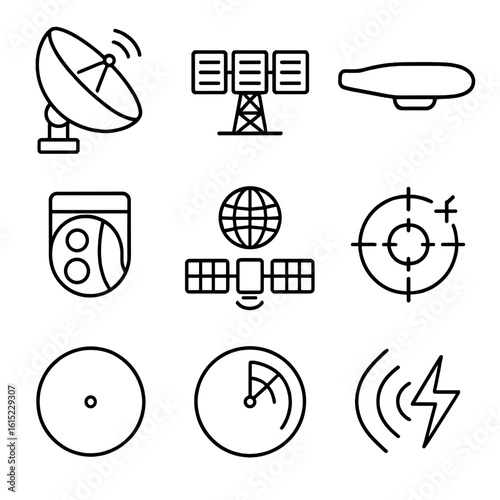 Radar and Surveillance Icons. Outline style icons of Radar & Surveillance: rotating radar dish, ground radar array, airborne radar