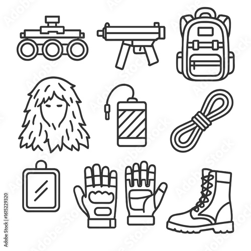 Special Forces Gear Icons. Outline style icons of Special Forces Gear: night vision goggles, silenced SMG, tactical backpack,