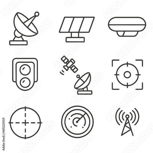 Radar and Surveillance Icons. Outline style icons of Radar & Surveillance: rotating radar dish, ground radar array, airborne radar