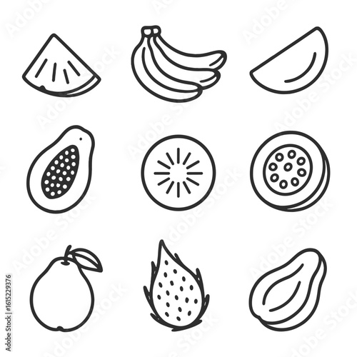 Outline Tropical Fruit Icons. Outline style icons of Organic Tropical Fruits: pineapple wedge silhouette, banana bunch silhouette,