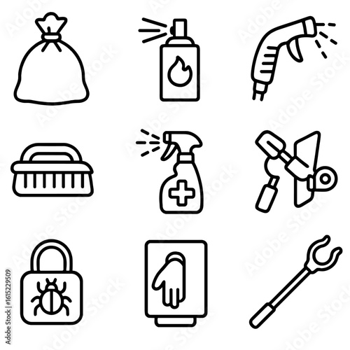 Trash Care Essentials. Outline style icons of Trash & Recycling Bin Care: bin liner, bin deodorizer, hose rinse nozzle, scrub