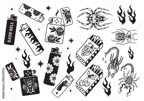 Old School Tattoo designs and Rock style font. Retro tattoo designs set of swallow, anchor, heart, love, rose, flower isolated on white backround.