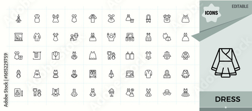Dress vector line icon set. Pack of clothing, wear, shirt, cloth, clothes. Wear icon. Vector outline icons collection. Editable stroke vector art.
