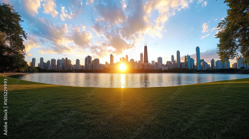 Obraz premium Vibrant city skyline reflecting on calm water during sunset, showcasing nature beauty