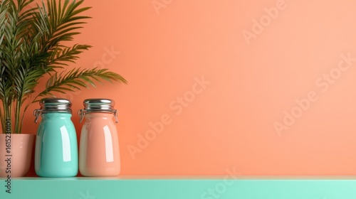 Two pastel-colored jars on a teal shelf