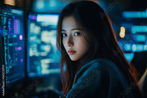 Young female Asian coder with her multiple screens 