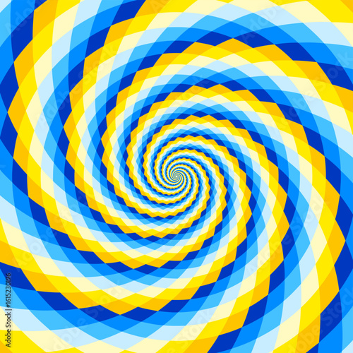 Spiral background, optical illusion of movement, vector illustration opt art style, colorful abstract geometric, blue, white and yellow colors, ukrainian background