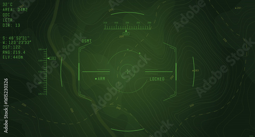 Military topographic map with drone HUD overlay. Features terrain contours, targets, coordinates, and tactical interface for surveillance, mission planning, or combat visualization.