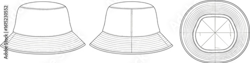 Bucket hat technical flat sketch, top and side view cad drawing, fashion accessory vector illustration for apparel design and production