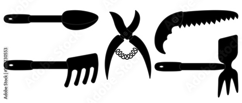 Garden tools collection. Silhouette. Vector illustration. Isolated white background. Cartoon. Hacksaw, pruner, hoe, cultivator, mini rake, spoon. Idea for web design.