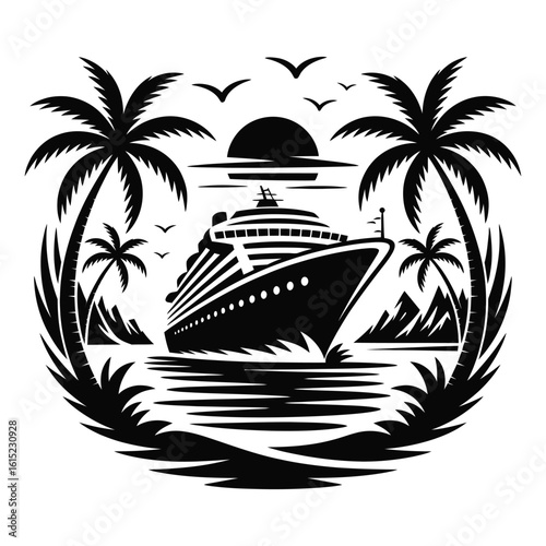 Tropical island cruise ship journey vector illustration. Summer vacation emblem with an ocean liner, sun, and palm trees silhouette design.
