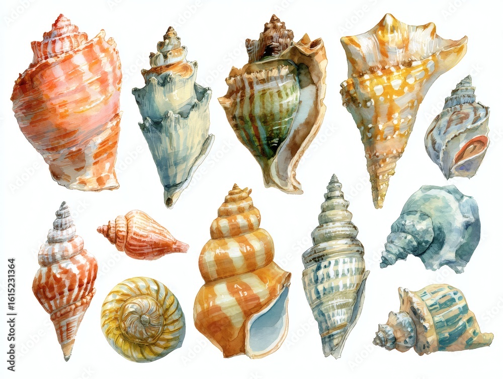Obraz premium A charming collection of watercolor sea shells, showcasing delicate hues and intricate details, each piece a unique treasure from the ocean.