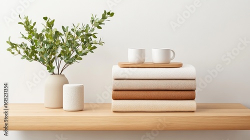 Neutral colored textiles on wooden shelf