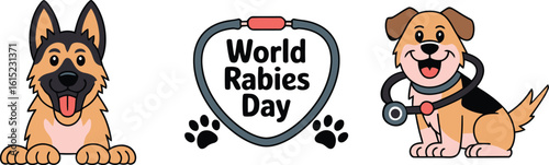 World Rabies Day Vector Illustration with Cute Dogs and Stethoscope for Awareness Campaigns