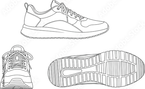 CAD drawing of athletic running shoe, vector sneaker outline, footwear design illustration, sports shoe mockup, top, side, bottom view