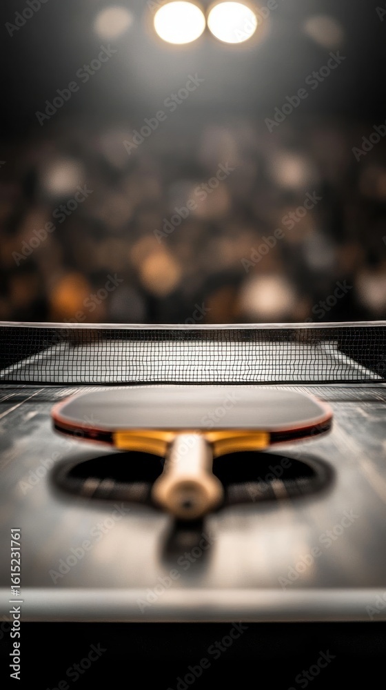 Obraz premium Ping pong paddle on table, blurred background