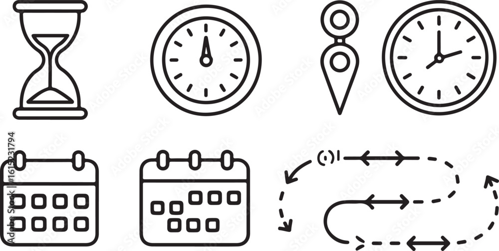 Fototapeta premium Hand-Drawn Time & Location Essentials Icon Pack Hourglass, World Clock, Location Compass, Date Range Sheet, and Timeline Path