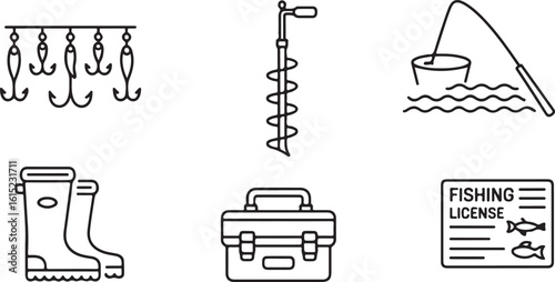 Hand-Drawn Outline Icons Pack Multi-Hook Rig, Ice Fishing Auger, Waders, Tackle Case, and Fishing License Document