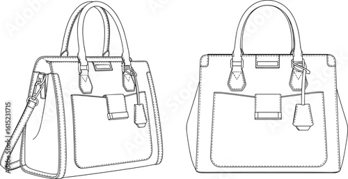 CAD drawing of luxury handbag design, front and side view, fashion purse sketch, vector leather tote, technical flat illustration