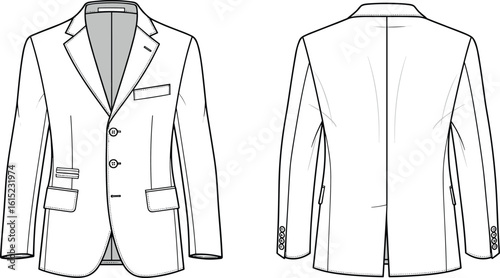 CAD drawing of men's blazer jacket, front and back view, tailored suit coat, fashion technical flat vector clothing illustration