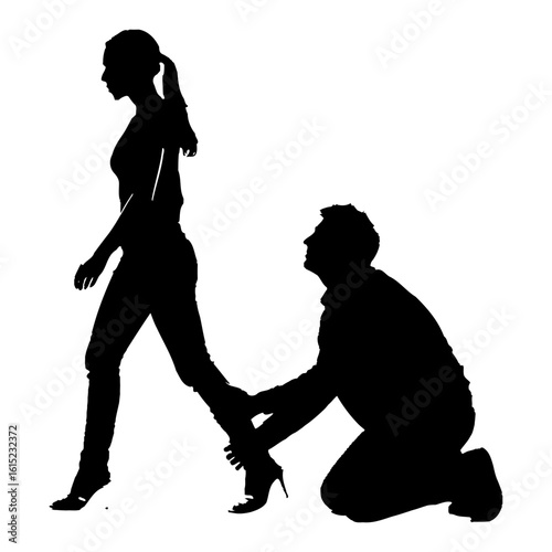 Silhouette of a woman leaving a desperate man kneeling and begging. A vector illustration of a relationship breakup.