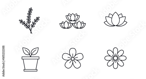 Floral Line Icons: A curated collection of minimalist line icons, each delicately representing a unique floral element in a black and white aesthetic, ideal for design projects or web elements.