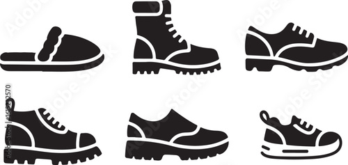 Minimal Footwear Icons Set Slippers, Combat Boots, Oxfords, Platform Shoes, and Kids' Sneakers