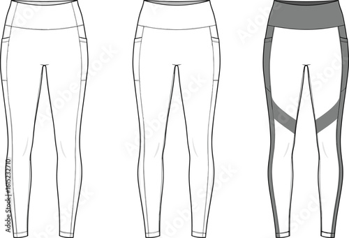 CAD flat vector illustration of women's active leggings, technical fashion sketch, athletic wear design, workout pants template, detailed outline drawing