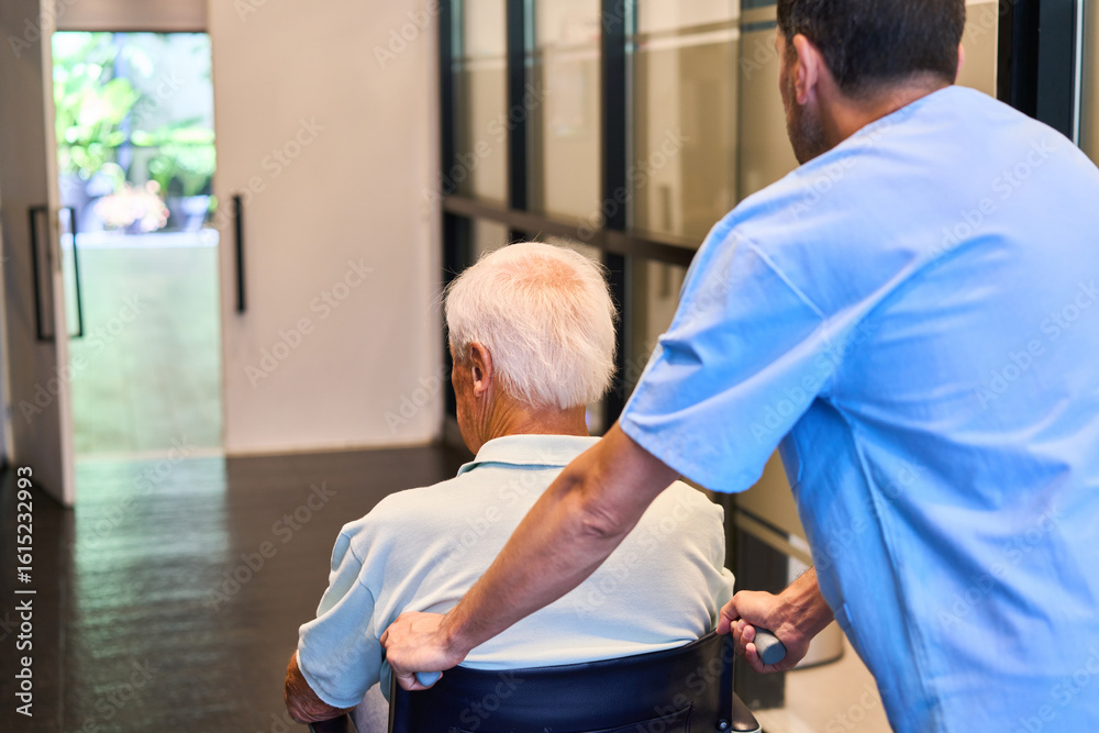 Fototapeta premium Nurse assisting an elderly person in a senior care rehabilitation facility