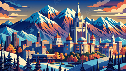 Salt Lake City, Utah, rests at the base of snowy mountains. Semi-realistic vector style brings clarity to spires, city lights, and nature’s silent grandeur.