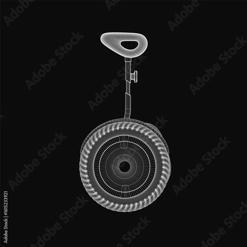 A black and white wireframe drawing of a unicycle with a thin metal frame, curved handlebar, and central wheel on a dark background. The minimalist design resembles a Segway in structure.